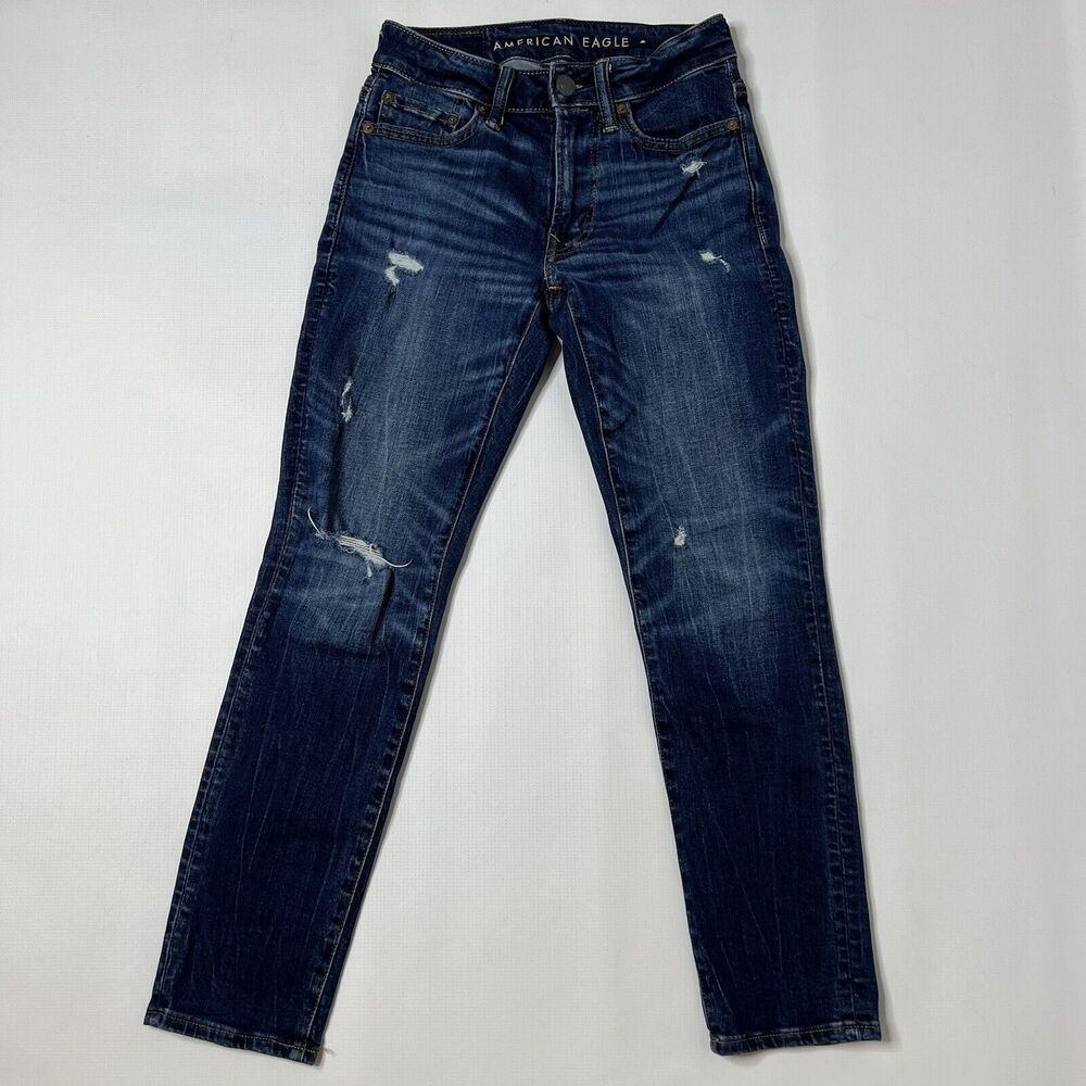 AE American Eagle Jeans Mens 26x28 Cozy Airflex Slim Skinny Dark Wash Ripped